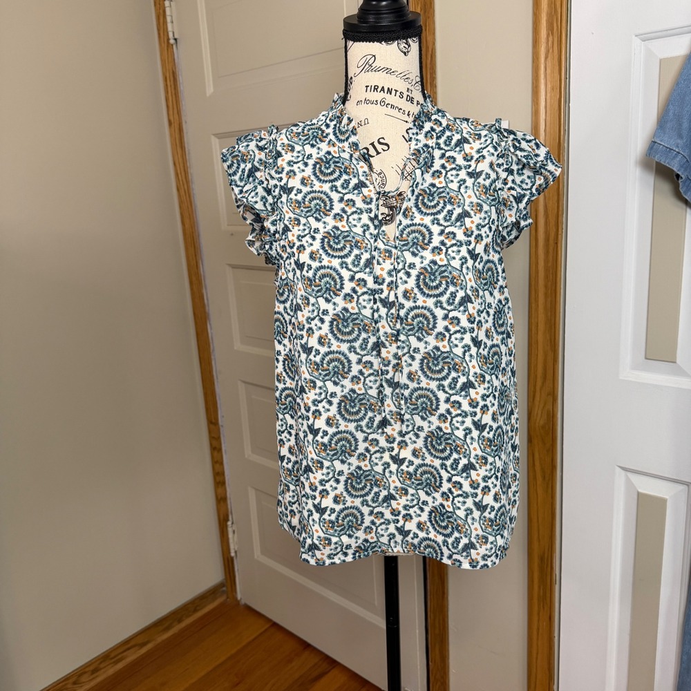 J.Crew XS Floral Paisley Ruffle Sleeve‎ Split Neck Popover Teacher Lightweight